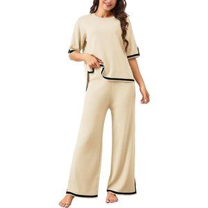 Women's 2 Piece Sweater Set Half Sleeve Knit Top Wide Leg Pants Tracksuits-Beige